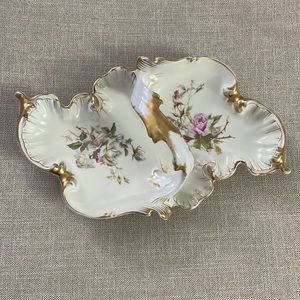 C.T. Vintage Porcelain Tray with Handles - Floral with Gold Trim 14 inches long
